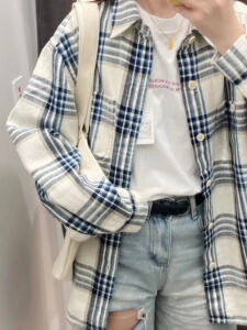 试衣间男女宽松竹节棉格子长袖衬衫日系休闲衬衣情侣外套秋453053