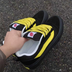 knu 男女情侣鞋 百搭复古黑色休闲滑板鞋 skool黄黑拼色胖胖面包鞋