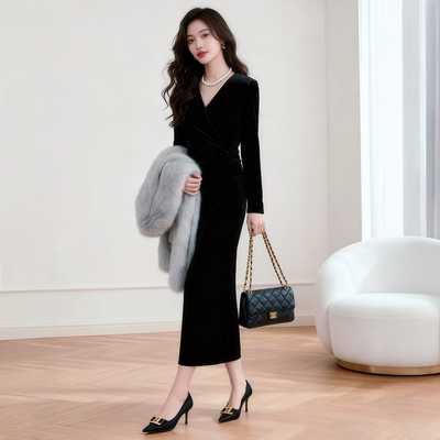 秋季新款法式V领黑色丝绒连衣裙