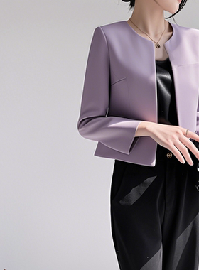 南油货修身紫色小西装女春秋通勤披肩开衫圆领小香风短西装外套女