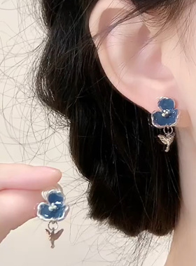 YFEIFEIE新中式蓝色花朵小鸟滴釉耳钉女复古小众高级感耳环耳饰潮
