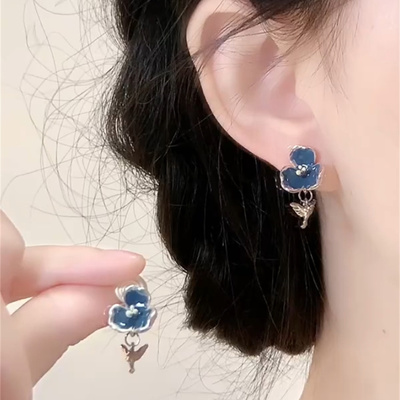 新中式复古蓝色花朵小鸟滴釉耳钉