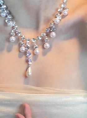 高级感水滴锆石镶钻珍珠流苏项链