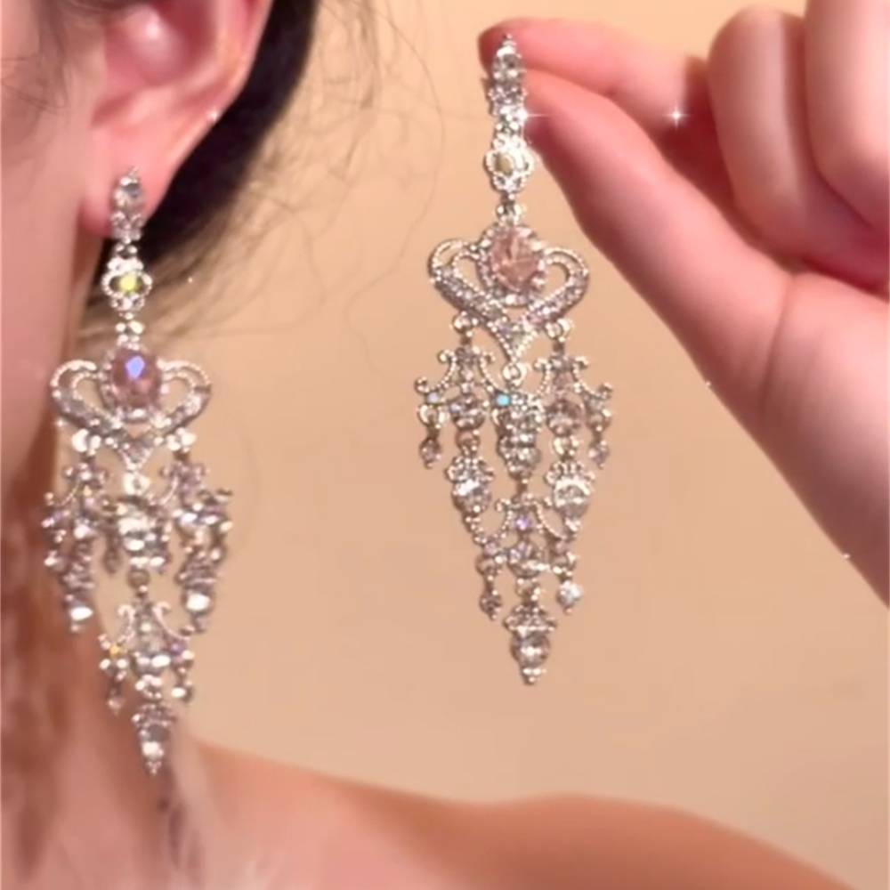 YFEIFEIE复古粉色水晶爱心流苏耳坠长款气质甜美耳环2025新款爆款