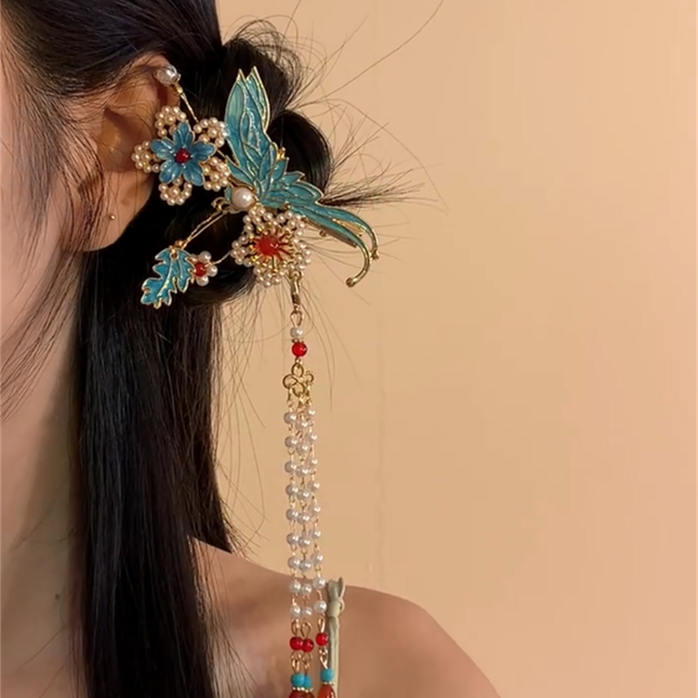 古典烧蓝珍珠花朵发夹步摇流苏夹