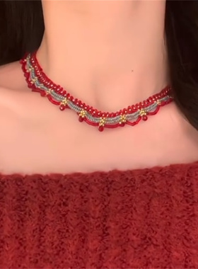 新中式撞色蕾丝项链女法式锁骨链