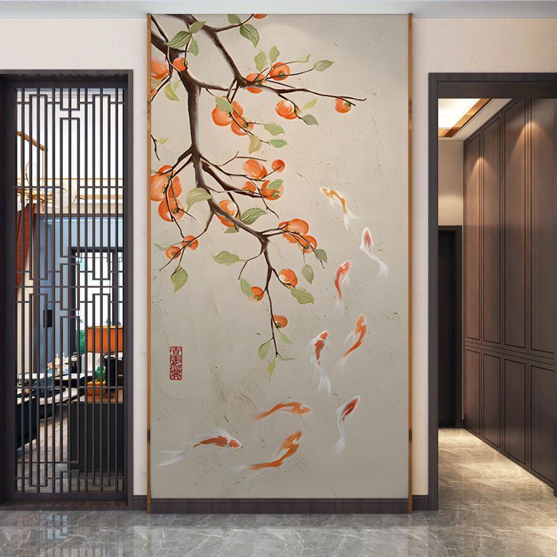 新中式九鱼图玄关装饰画客厅入户走廊过道轻奢柿子壁画布竖版墙纸图片