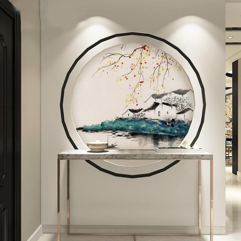 新中式禅意山水画圆形壁画入户玄关装饰画墙画卧室餐厅茶室墙纸3d图片