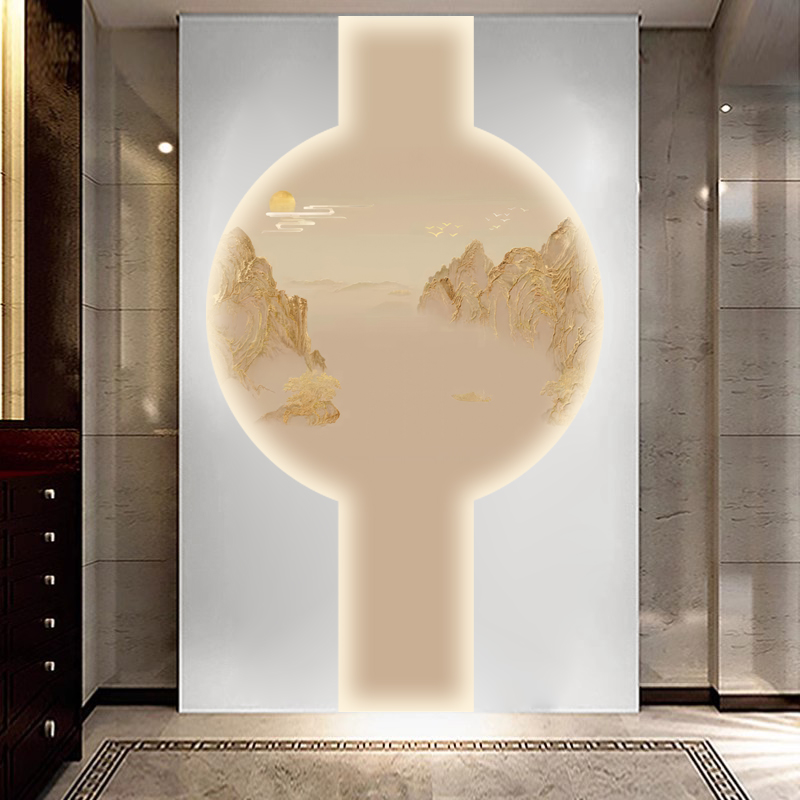 现代新中式抽象禅意山水背景墙壁纸壁画圆形画芯走廊尽头墙纸墙布