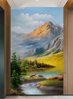 日照金山美式油画入户玄关背景墙壁画山水客厅欧式竖版墙纸墙布