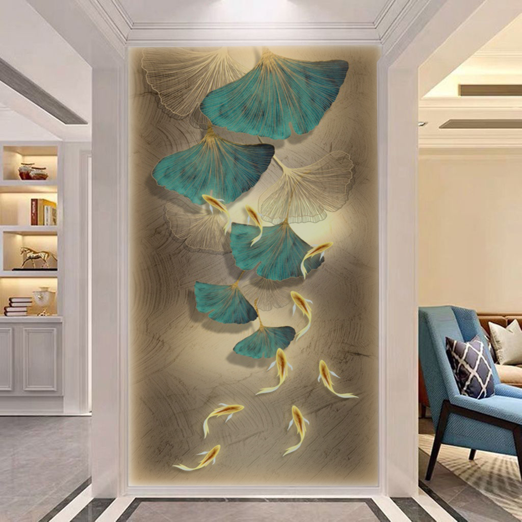 现代轻奢玄关装饰画银杏叶九鱼图墙纸壁画高档入户寓意好走廊过道图片
