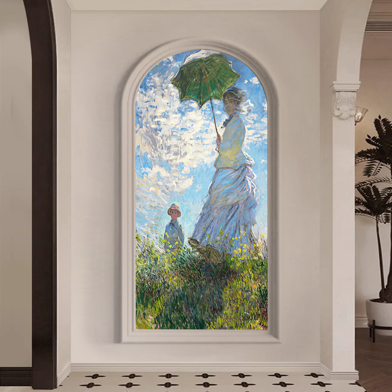 莫奈名画玄关拱形撑伞的女人客厅复古画艺术油画餐厅卧室墙纸壁画