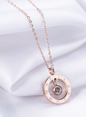 钛钢玫瑰金锆石项链女欧美时尚