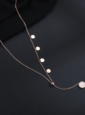 单面贝母罗马圆形流苏钛钢项链女