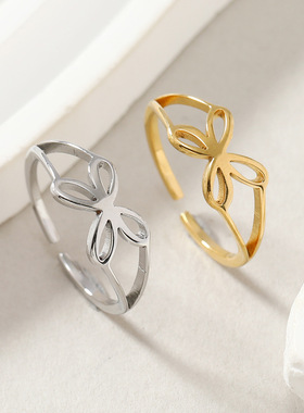 跨境简约蝴蝶结四瓣钛钢戒指