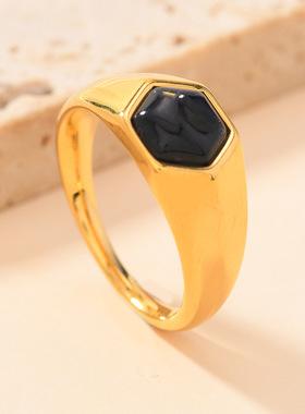 欧美风六边形天然石钛钢戒指