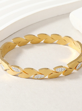 跨境不锈钢镶钻金色树叶手镯