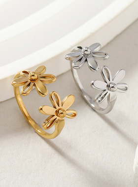 跨境小众钛钢双层花朵戒指