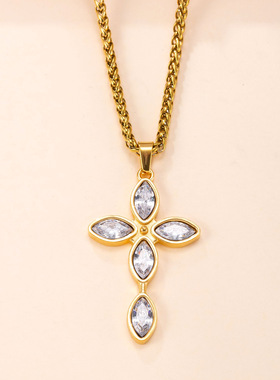 不锈钢镀18K金十字架锆石项链