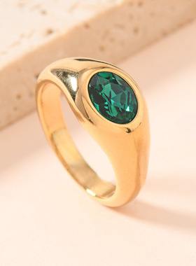欧美钛钢椭圆宝石镀金戒指