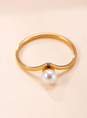 跨境钛钢食指戒极细V形镶珍珠