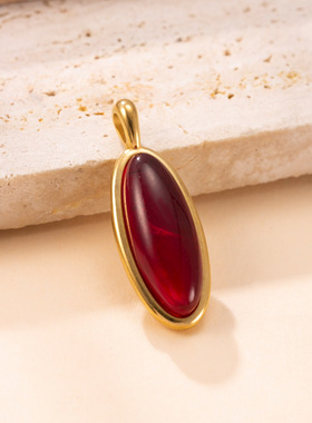 钛钢天然石椭圆吊坠项链