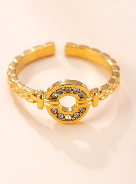 跨境热销钛钢镀金镶钻开口戒指