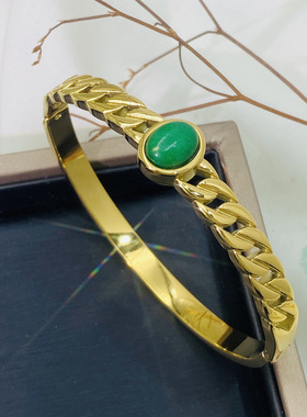欧美金色钛钢手镯女创意绿宝石