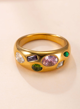 欧美复古镀18K金不锈钢彩钻戒