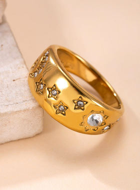 跨境钛钢星月镶钻宽面戒指