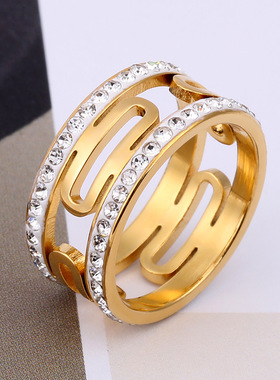 欧美跨境钛钢H形双排镶钻戒指
