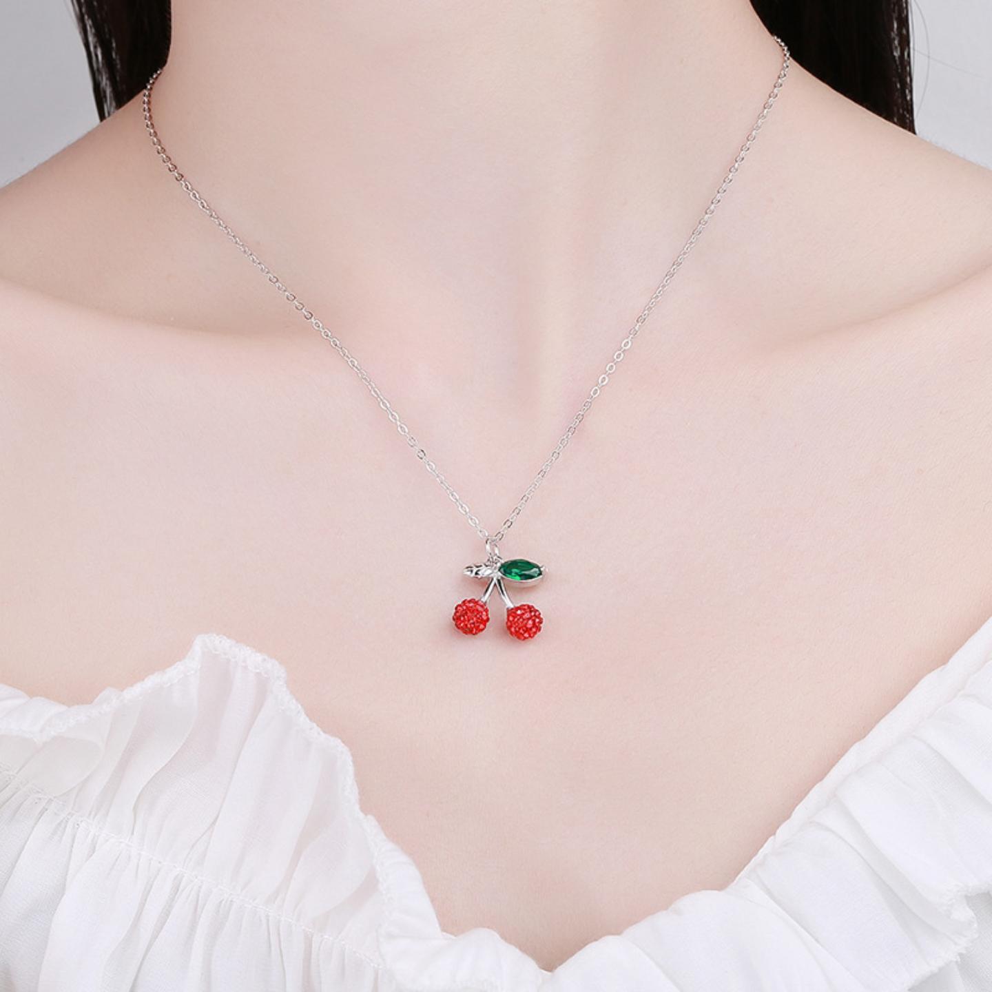 925纯银樱桃项链女夏香巴拉珠个性锁骨链简约百搭高级感饰品