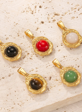 玫瑰纹不锈钢项链天然石