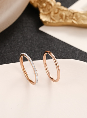 新款钛钢玫瑰金单排满钻戒指女