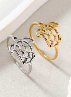 欧美跨境钛钢乌龟镂空戒指