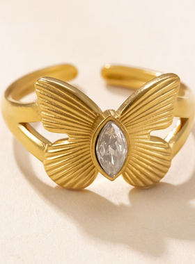 韩系钛钢蝴蝶镶钻镀金戒指