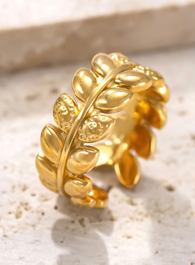 亚马逊新品不锈钢树叶开口戒指