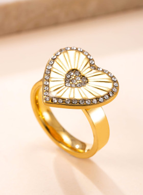 欧美跨境不锈钢爱心镶钻戒指