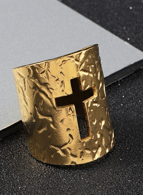 欧美跨境镂空十字架钛钢戒指