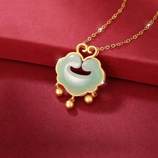 金色温润如玉平安锁钛钢项链祥云金镶玉吊坠女精美百搭复古锁骨链