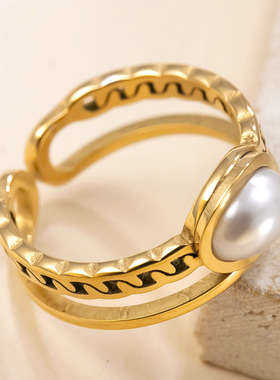 不锈钢双线镶珍珠轻奢戒指