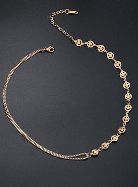 钛钢金色笑脸项链3545