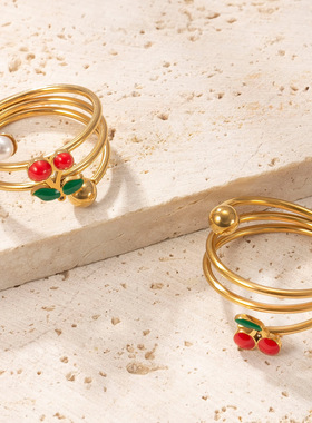 跨境新品钛钢彩色樱桃缠绕戒指