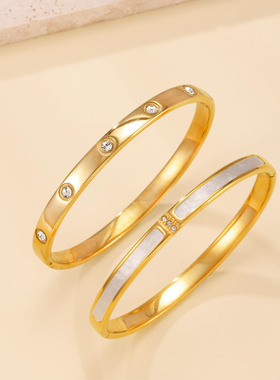 欧美跨境不锈钢白贝镶钻手镯