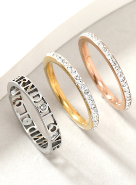 跨境不锈钢镂空罗马字镶钻情侣钛