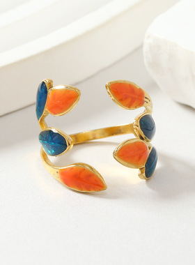 欧美小众彩色油树叶不锈钢戒指