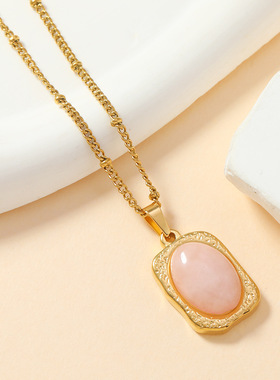 钛钢满钻粉色宝石几何项链