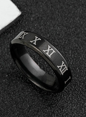 简约黑不锈钢罗马数字钛钢男戒