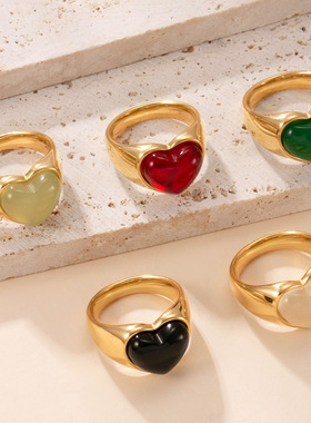 跨境热销不锈钢爱心天然石食指戒