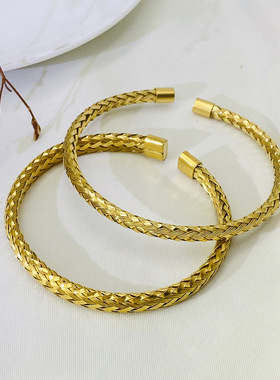 新款钛钢金色网状编织开口手镯女